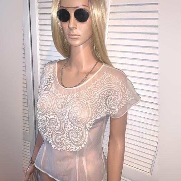 Vintage 1950s Sheer Ivory Beaded Blouse Small - Picture 1 of 10